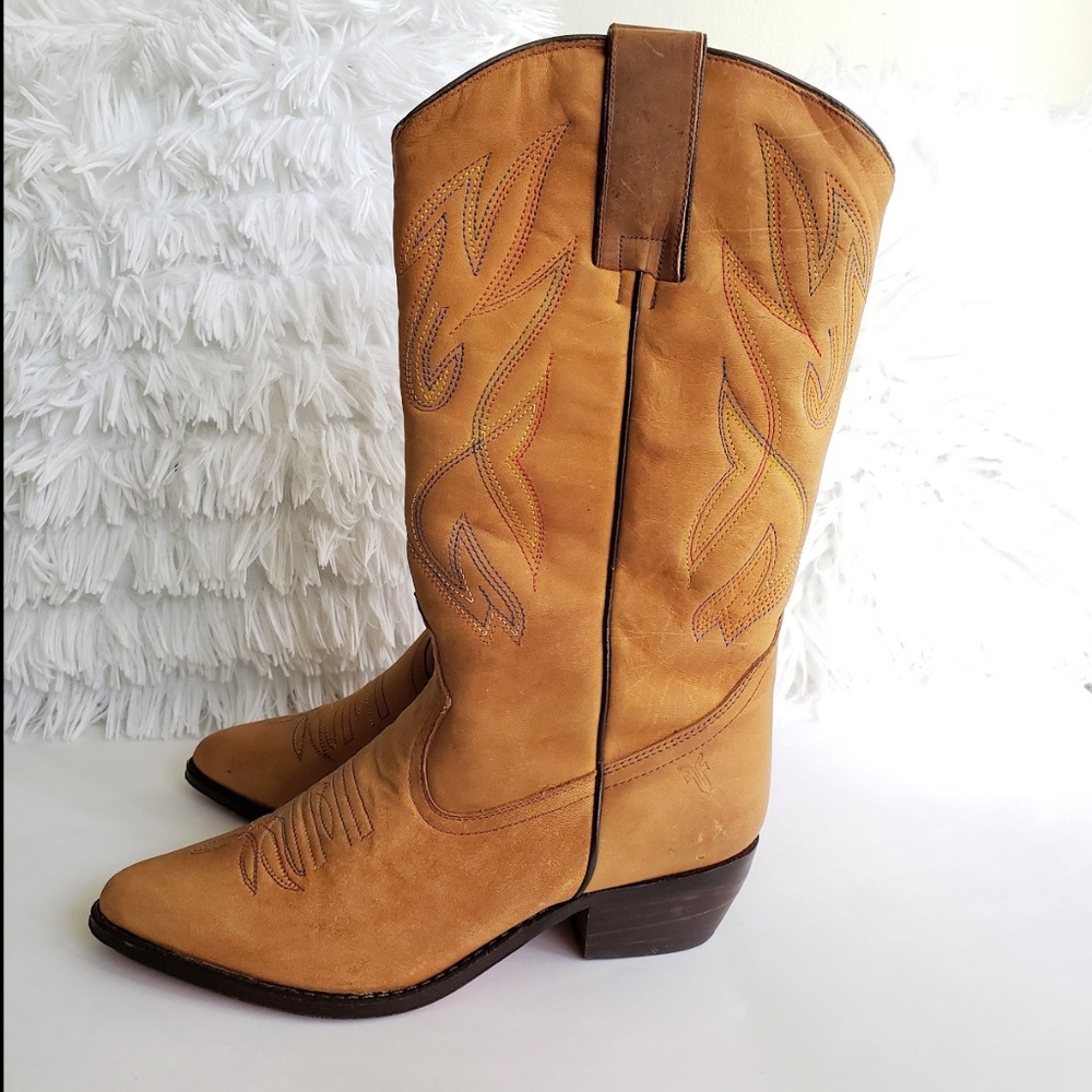 Frye Tan Suede Western Cowboy Ankle Boots